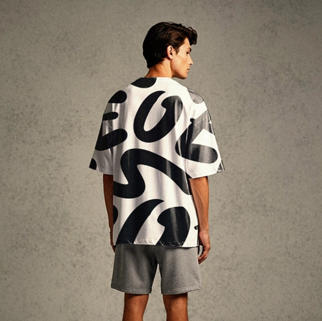 Back of an oversized printed tee